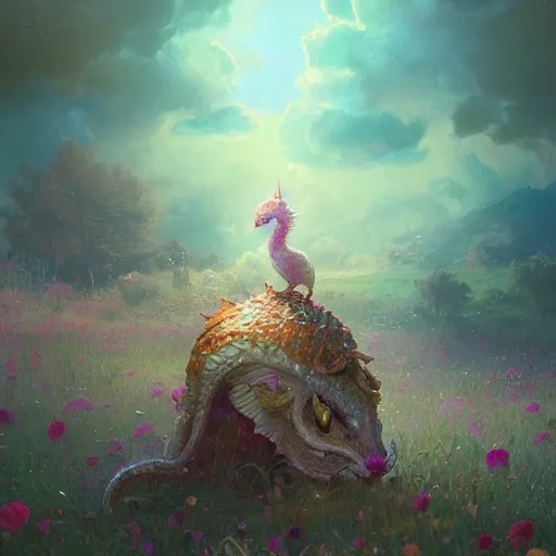 Image similar to beautiful digital fantasy illustration of a closeup adorable giant fluffy feathered sparkling pearlescent pastel dragon sitting alone in a flower meadow, concept art by greg rutkowski, anato finnstark, and rebecca guay, highly detailed, soft lighting,Anton faadev, rendered in octane