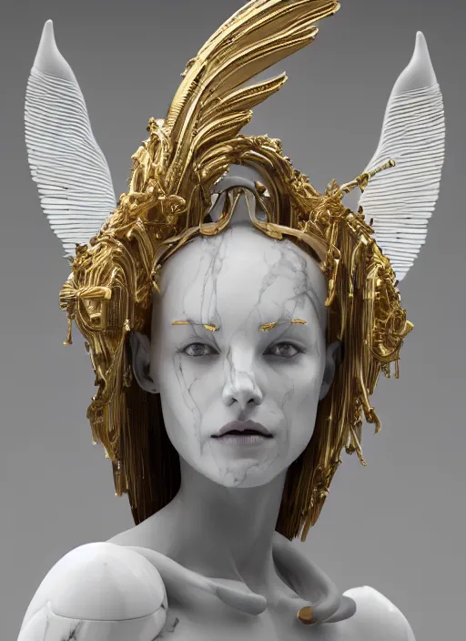 Image similar to a statue made of white marble with gold veins, of an gorgeous futuristic cybernetic angel girl, prostheses, transhumanism, full body shot, perfect symmetrical body, perfect symmetrical face, hyper realistic, hyper detailed, by johannen voss, by peter kemp, by monia merlo, by michelangelo, octane render, blender, 8 k