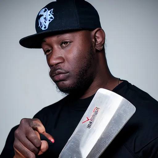 Image similar to photo of a dnb mc holding a knife