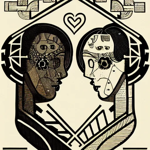 Image similar to perfectly centered geometrical symmetrical split male and female portrait of man and woman in love sharing one heart. illustration, highly detailed, simple, no jagged lines, smooth, artstation, artwork by ravi zupa