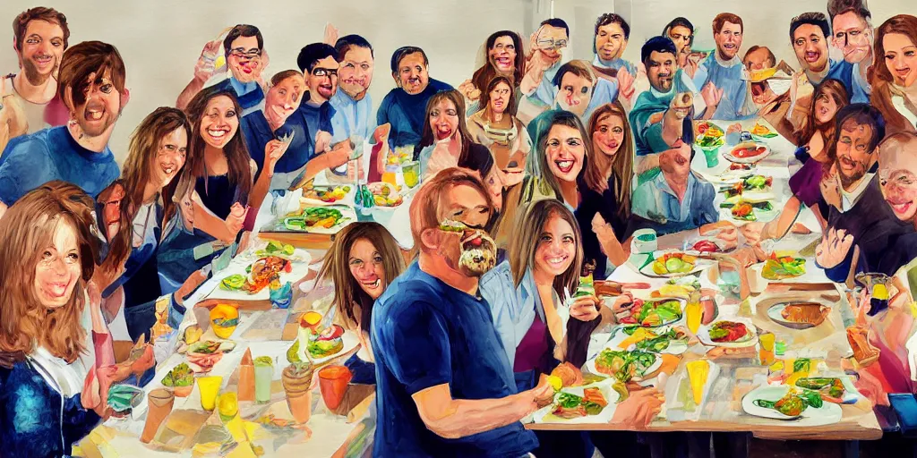 Prompt: painting of work colleagues of a design studio get together to feast on a big table with lots of food
