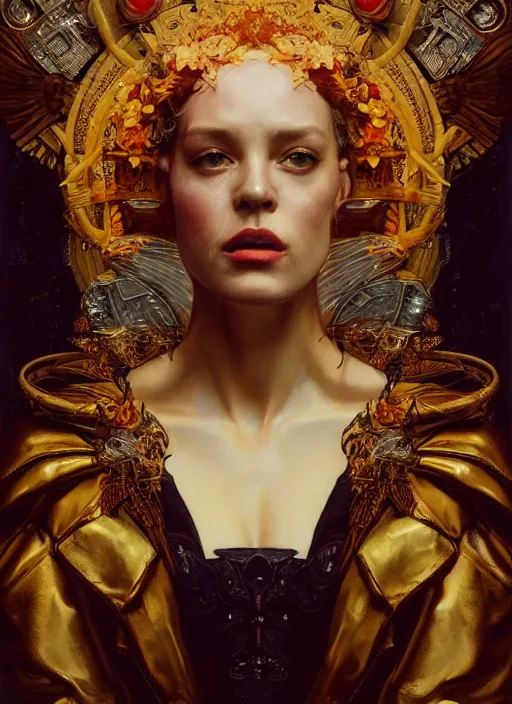 Prompt: highly detailed oil painting | very intricate | cinematic lighting | award - winning | portrait of the goddess of cyberpunk dressed by alexander mcqueen | by roberto ferri, by tom bagshaw, by j. c. leyendecker and klimt, american romanticism, by austin osman spare, artstation, cgsociety, official art, octane