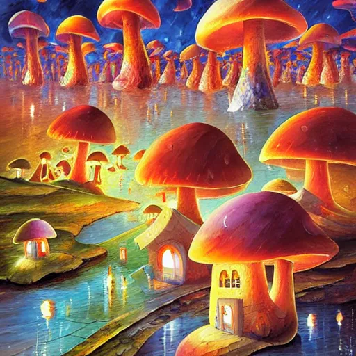 Image similar to glowing mushroom village, art by ricardo bofill, james christensen, rob gonsalves, paul lehr, leonid afremov and tim white