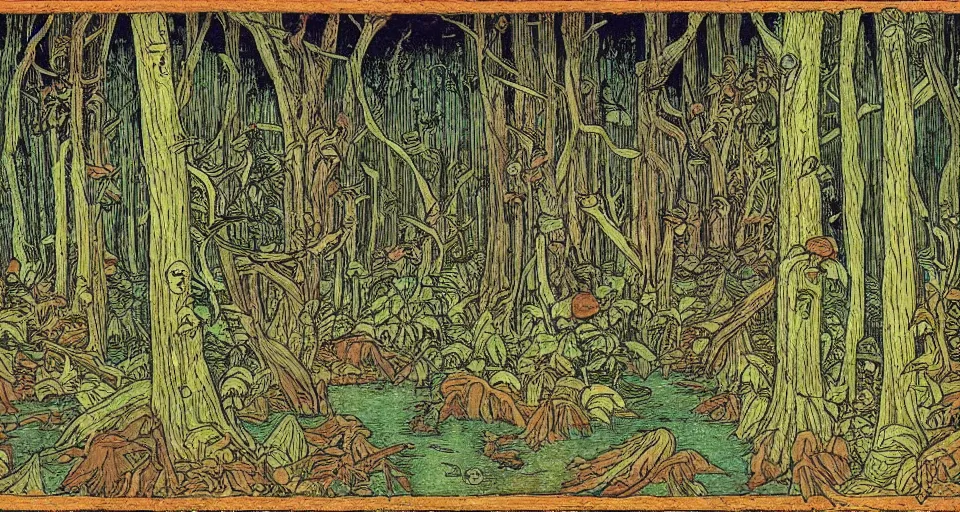 Image similar to A dense and dark enchanted forest with a swamp, by Ivan Bilibin,