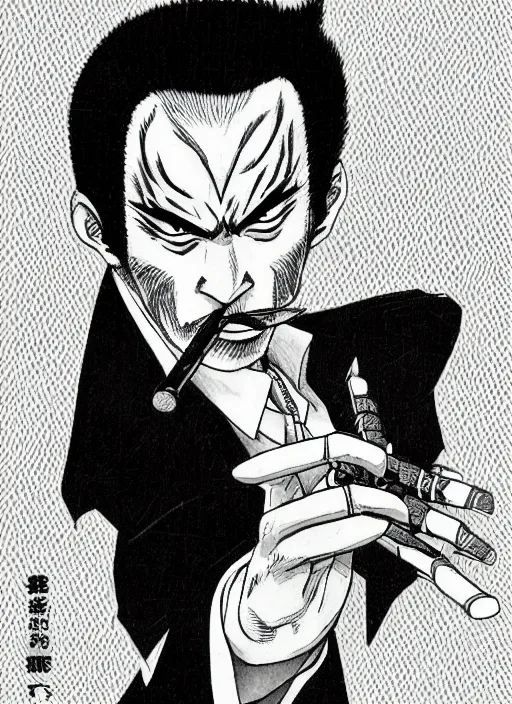 Image similar to manga illustration of heihachi mishima from tekken, dressed formally, smoking a cigar, drawn in the style of keisuke itagaki