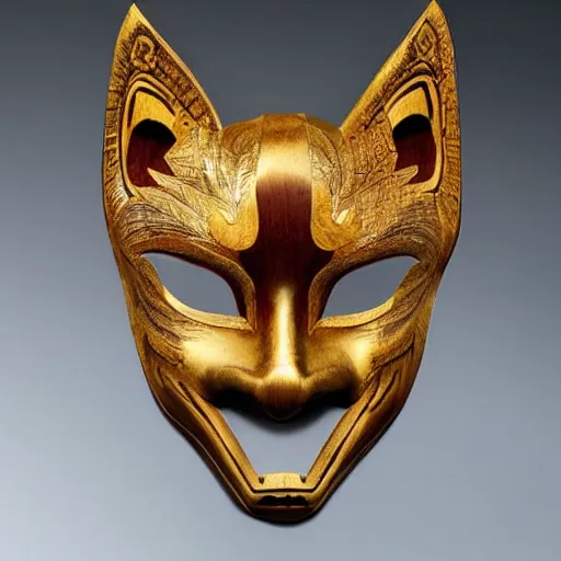 Prompt: a beautiful kitsune mask carved in wood with some gold leaf accents, made by tiffany & co