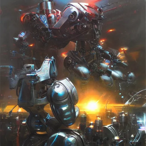 Image similar to robot cybernetic wars by raymond swanland, highly detailed, bright tones