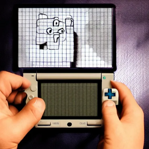 Prompt: a hand holding a nintendo DS, on the screen of the Nintendo DS is a 8bit photo of Mozart Writing a piece on a piece of paper.