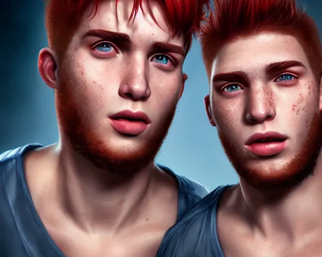 Image similar to portrait stocky of 1 9 - year - old male twins with red hair and freckles, two male, wearing shirts,, hyper realistic face, beautiful eyes, character art, art by mark brooks, hyperdetailed, cryengine, trending on artstation, digital art