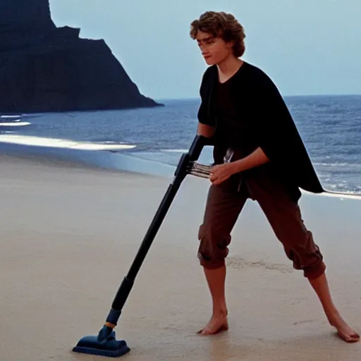 Image similar to Anakin Skywalker vacuuming the beach to remove sand