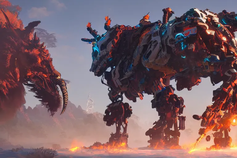 Image similar to fireclaw machine mecha animal beast robot of horizon forbidden west horizon zero dawn bioluminiscence global illumination ray tracing hdr fanart arstation by sung choi and eric pfeiffer and gabriel garza and casper konefal