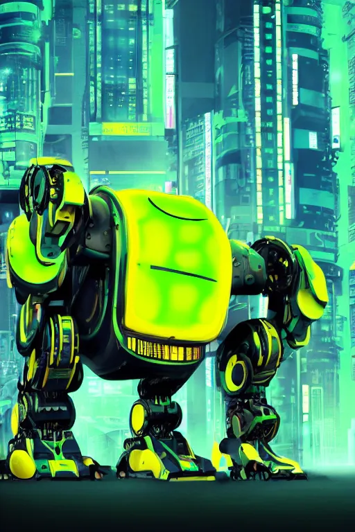 Image similar to Robotic ox, Cyberpunk, Green yellow blue