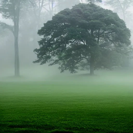 Image similar to a giant grand piano fading into the green fog, dramatic