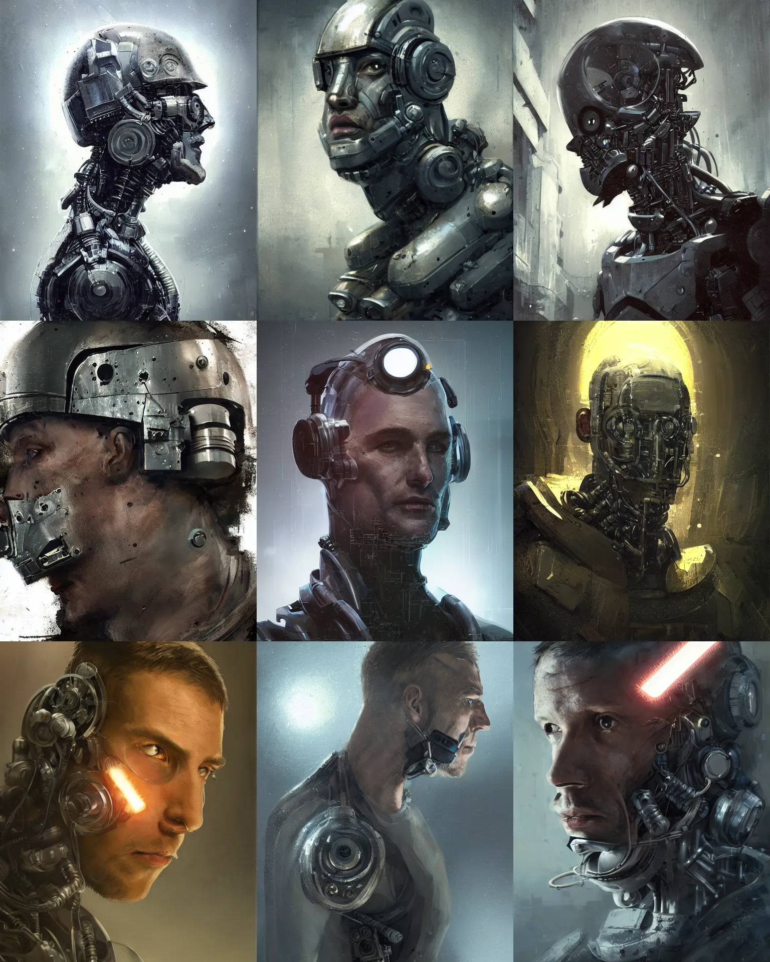 Image similar to a small half - masked rugged laboratory engineer man with cybernetic enhancements as seen from a distance, scifi character portrait by greg rutkowski, esuthio, craig mullins, 1 / 4 headshot, cinematic lighting, dystopian scifi gear, gloomy, profile picture, mechanical, cyborg, half robot, implants, dieselpunk