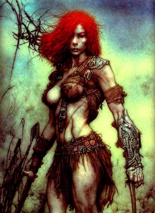 Prompt: redhead barbarian girl by Beksinski and Arthur Rackham, Yan Miller, Luis Royo