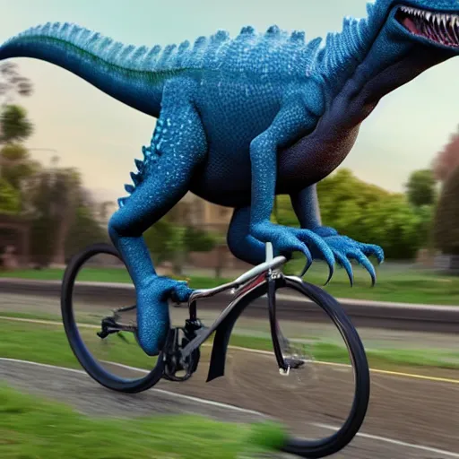 Image similar to Octane render of a silly dinosaur riding a bike outside, 8k, very intricate, very detailed,