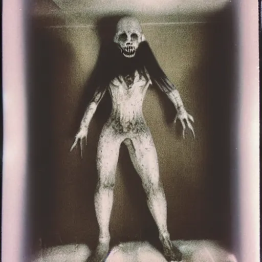 Prompt: transparent horror monster polaroid interior photo, dynamic pose, full body shot, sharp focus, grainy, flashlight