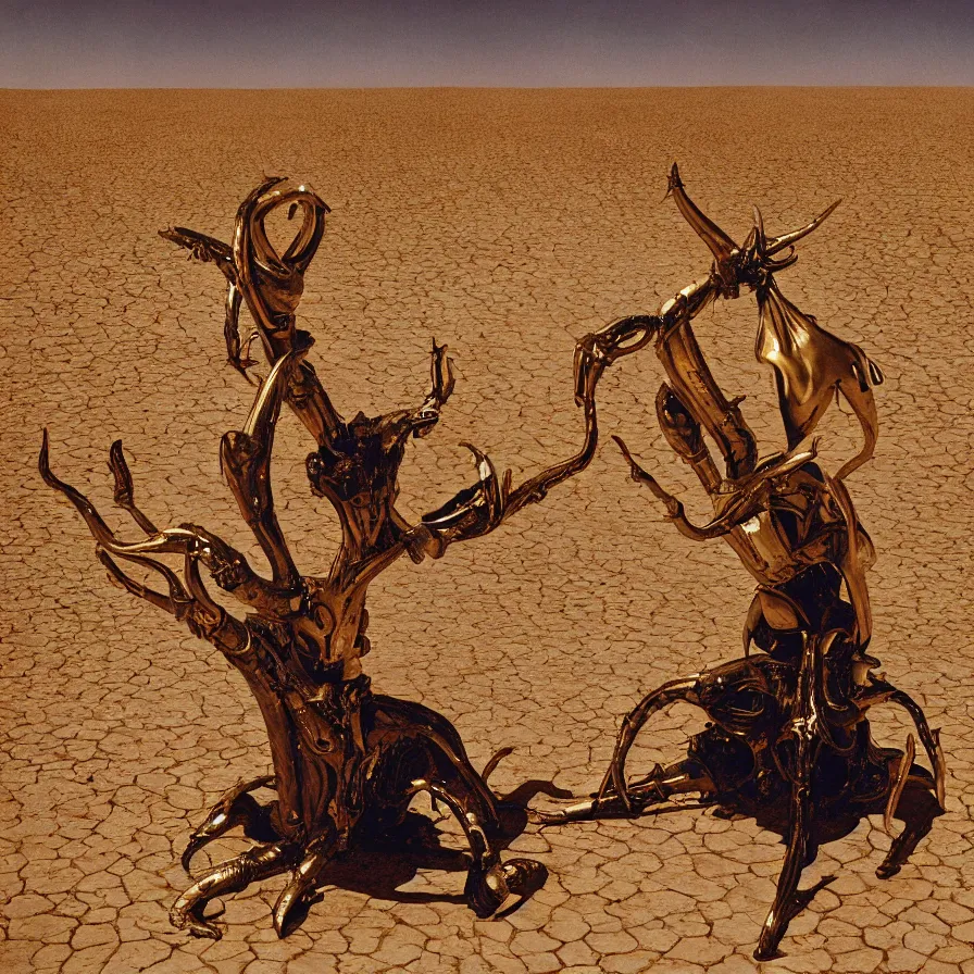 Image similar to salvador dali wearing a golden horned crown and jewels in a dry sand desert landscape, alien spaceship by giger in the landscape, film still from the movie by alejandro jodorowsky with cinematogrophy of christopher doyle and art direction by hans giger, anamorphic lens, kodakchrome, very detailed photo, 8 k