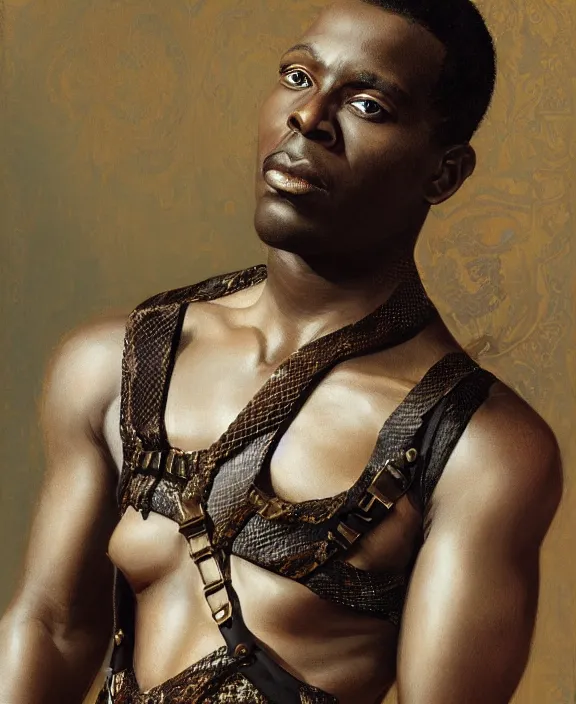 Prompt: a dark skinned man wearing an intricate and detailed inticate suspenders set, wrapped in a python, honey birdette, realistic renaissance portrait, highly detailed, digital painting, artstation, concept art, smooth, sharp focus, cinematic lighting, art by john collier, artgerm and greg rutkowski and alphonse mucha and jacques louis david