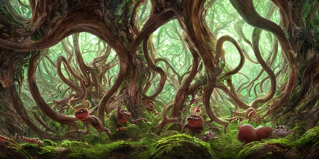 Image similar to of an intricate forest with strange cute friendly happy creatures with huge eyes, mouth, long tongue, round teeth and goofy face, appearing from the background, in the style of gehry and gaudi, macro lens, shallow depth of field, ultra detailed, digital painting, trending artstation, concept art, illustration, cinematic lighting, photorealism, epic, octane render