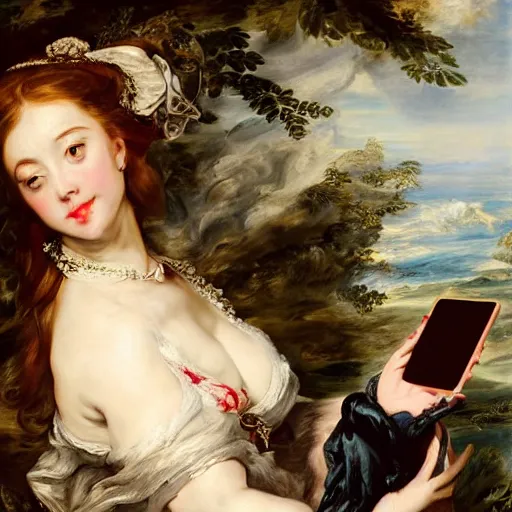 Image similar to heavenly summer sharp land sphere scallop well dressed lady taking a selfie with her iphone auslese, by peter paul rubens and eugene delacroix and karol bak, hyperrealism, digital illustration, fauvist, iphone