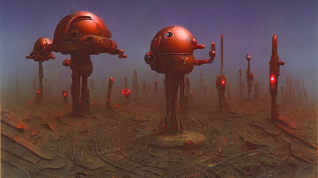 Image similar to mysterious whimsical sculpture of alien technology by paul lehr and john schoenherr and john harris, cinematic matte painting