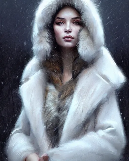 Image similar to a beautiful siberian girl with bear fur coat with beautiful decollete | | winter, realistic shaded, unpleasant face, bad looking, fine details, realistic shaded lighting poster by greg rutkowski, magali villeneuve, artgerm, jeremy lipkin and michael garmash and rob rey