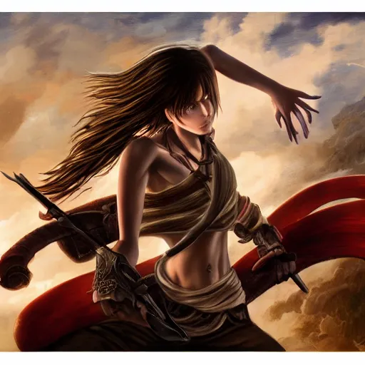 Image similar to eren yeager concept art, detailed oil painting, girl in bikini fighting a monstaer, highly detailed, highly accurate, deep aesthetic, 8 k, highly ornate intricate details, cinematic lighting, rich colors, ray tracing, hyperrealistic, photorealistic, cinematic landscape, trending on artstation,