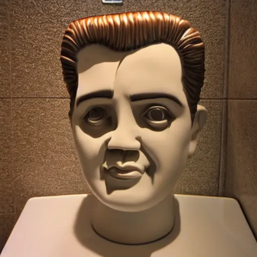 Image similar to toilet that is in the exact shape and size of elvis's head, weird toilet design photo, ceramic elvis head