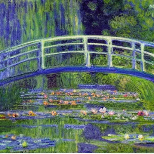 Prompt: monet's water lily bridge done in the style of picasso's portrait of henry david kahnweiler, high quality abstract paining