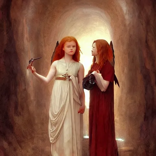 Prompt: sadie sink and stoya as an angel standing in the front of gates of hell. angel is draped with bones. digital painting. art station. mood lighting. skindness, highly detailed, concept art, intricate, sharp focus, einar jonsson and bouguereau - h 1 2 0 0