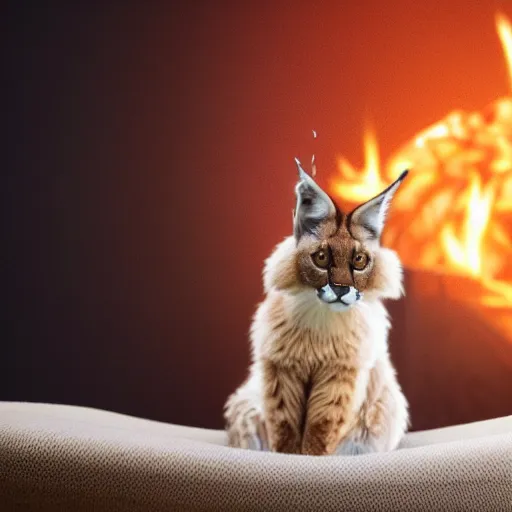 Prompt: wide-angle photo of fluffy cute caracal sitting on a chair near a table in a room, white cloud in the air, flames of fire at background, octane render, 3d, 8k , hd, studio light