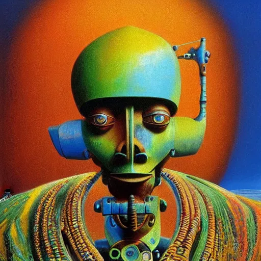 Image similar to portrait of a colourful african tribal mecha robot, painting by zdzislaw beksinski,