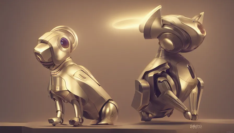 Image similar to product photo of a futuristic cut stylized pet robot by artgerm and greg rutkowski and alphonse mucha, zaha hadid, cat dog teddy mix, volumetric light, detailed, octane render, midsommar