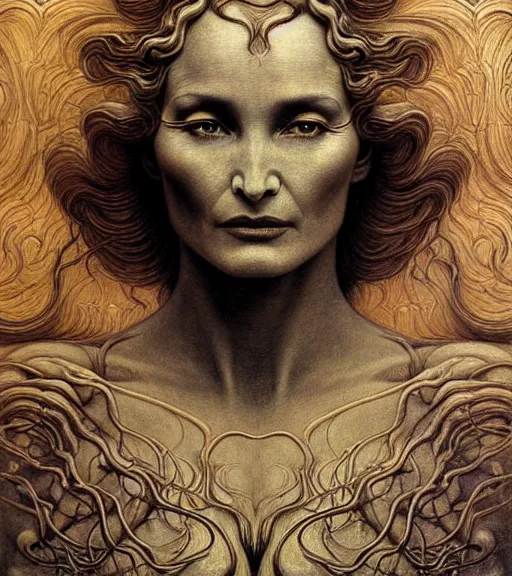 Image similar to detailed realistic beautiful young alien robot jessica lange as queen of mars face portrait by jean delville, gustave dore and marco mazzoni, art nouveau, symbolist, visionary, gothic, pre - raphaelite. horizontal symmetry by zdzisław beksinski, iris van herpen, raymond swanland and alphonse mucha. highly detailed, hyper - real, beautiful