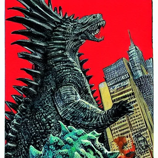 Prompt: basil gogos illustration of godzilla