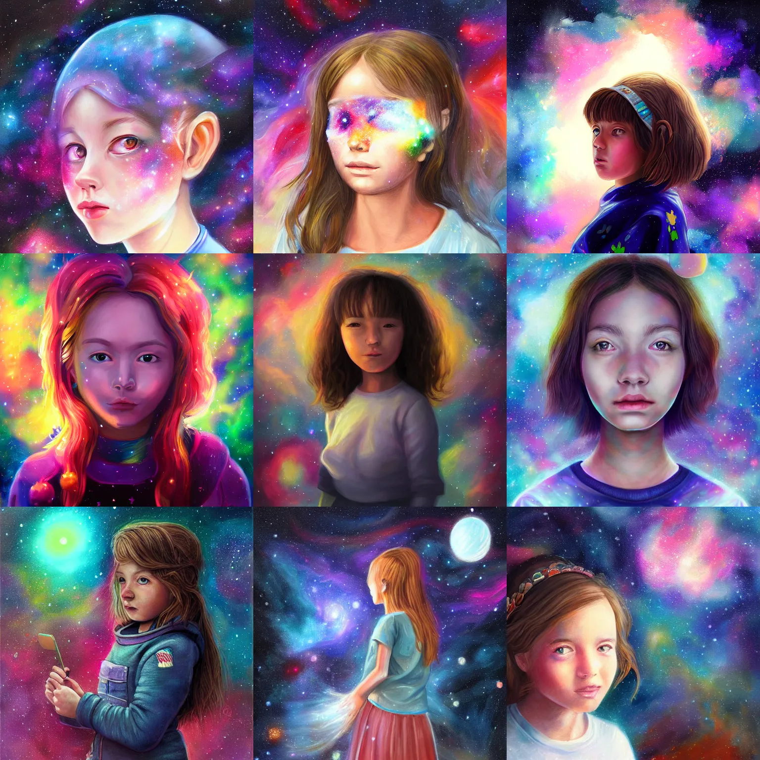 Prompt: portrait of a cottagecore girl in the space with nebulae, realistic painting, high definition, digital art, painting, very detailed, procreate, r / art, painttool sai, pixiv, deviantart, artstation, danbooru, illustration, realistic