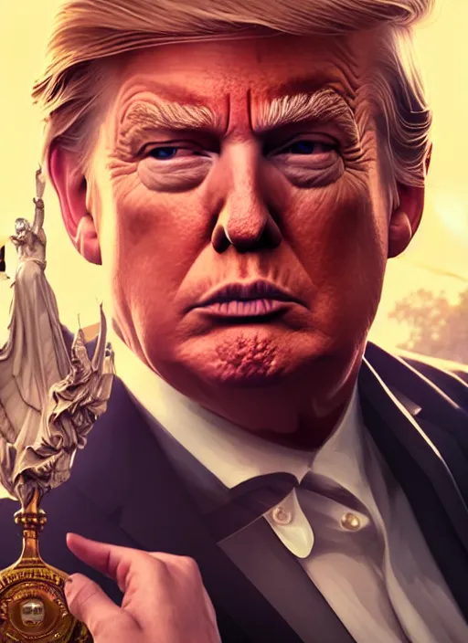 Image similar to Highly detailed portrait of President Trump, in GTA V, Stephen Bliss, unreal engine, fantasy art by Greg Rutkowski, Loish, Rhads, ferdinand knab, Makoto Shinkai and Lois van baarle, ilya kuvshinov, rossdraws, Tom Bagshaw, alphonse mucha, global illumination, radiant light, detailed and intricate environment