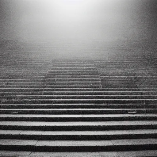 Image similar to black and white press photograph, highly detailed vast space made of stairsteps, detailed textures, natural light, mist, architecture photography, film grain, soft vignette, sigma 1 4 mm f / 1. 4 1 / 1 0 sec shutter, darren aronofsky film still promotional image, imax 7 0 mm footage
