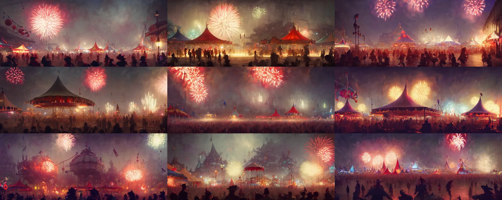 Prompt: witchlight carnival, small town, amusement stalls, big top circus tent, summer festival night, fireworks, illustration, highly detailed, digital painting, concept art, matte, art by ruan jia and wlop and greg rutkowski and makoto shinkai, masterpiece