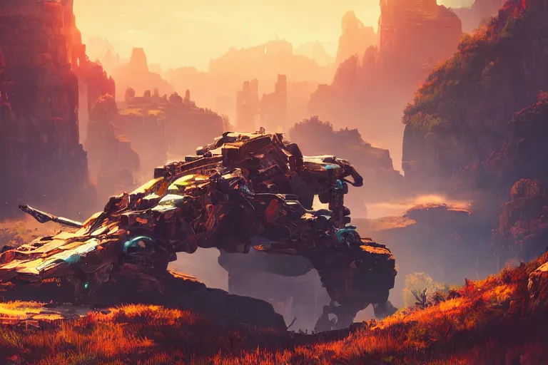 Image similar to rockbreaker machine mecanical creature robot of horizon forbidden west horizon zero dawn radiating a glowing aura global illumination ray tracing hdr fanart arstation by ian pesty and alena aenami artworks in 4 k