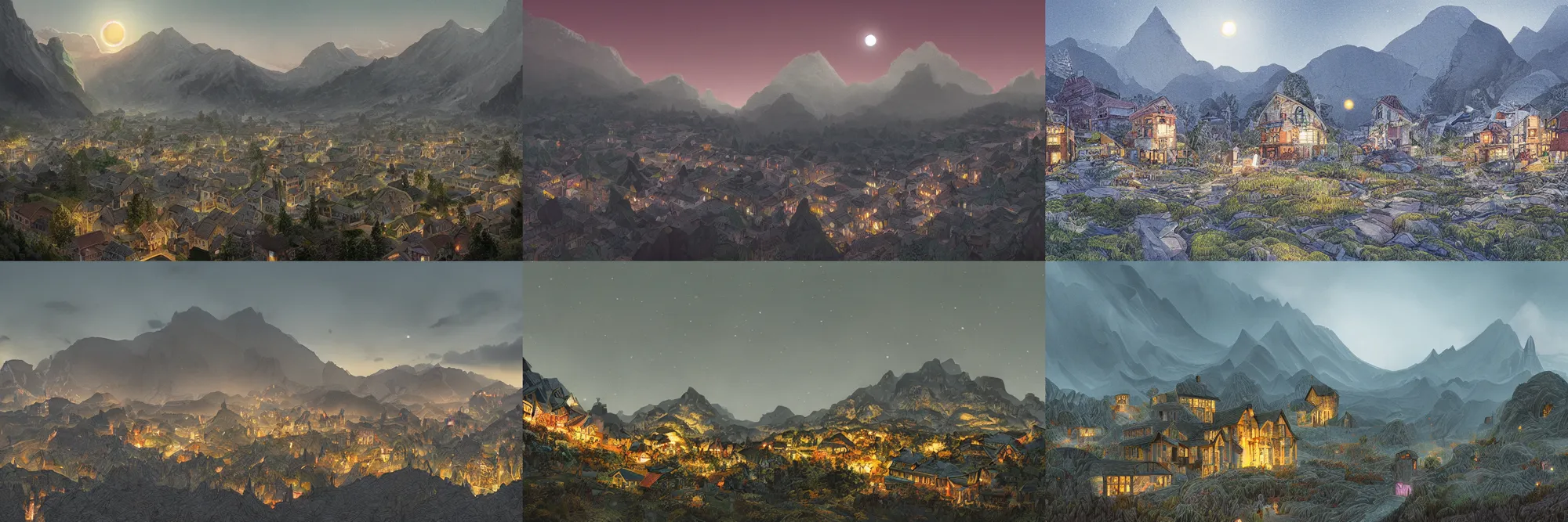 Prompt: a small town completely made out of glass, surrounded by a surreal mountain landscape, shining faintly in the dim light of dusk, highly detailed and beautiful illustration