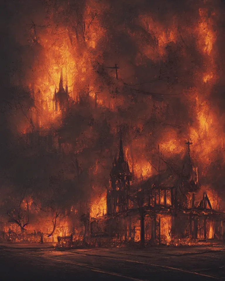 Prompt: a beautiful hyperrealistic architecture painting of a detailed burning church on fire by Alena Aenami, Anton Semenov, Alejandro Burdisio, trending on artstation, wikiart, gigantic, octane render, brilliantly coloured, intricate, ultra wide angle, trending on artstation, dusk, smoke, embers, flames, volumetric lighting, polished, micro details, ray tracing, 8k