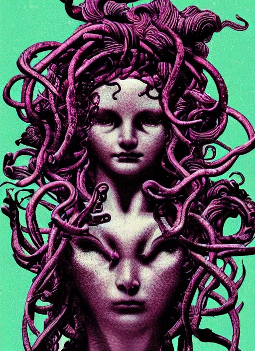 Image similar to dark design poster showing a statue of medusa, black background with very subtle red and purple design elements, powerful, ominous, nekro, guido crepax, thin straight lines, dark, glitch art, neo vaporwave, gritty, layout frame, square, trending on artstation