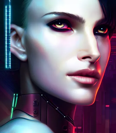 Prompt: beautiful portrait of a cyberpunk goddess who looks like Natalie Portman , character design by charlie bowater, ross tran, artgerm, and makoto shinkai, detailed, soft lighting, rendered in octane