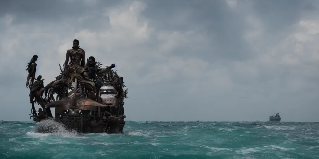 Image similar to sri lankan mad max style, ocean ship, film still, epic shot cinematography, rule of thirds