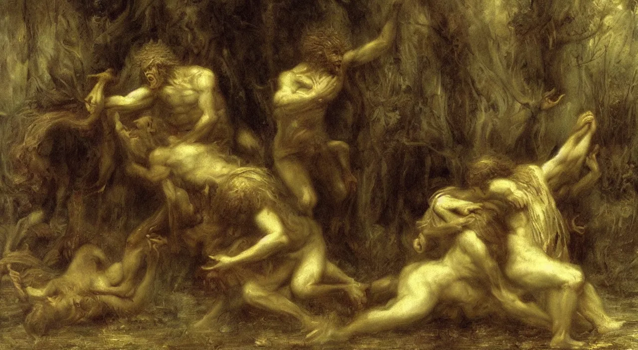 Prompt: a werewolf by Jan de Baen and Thomas Dewing