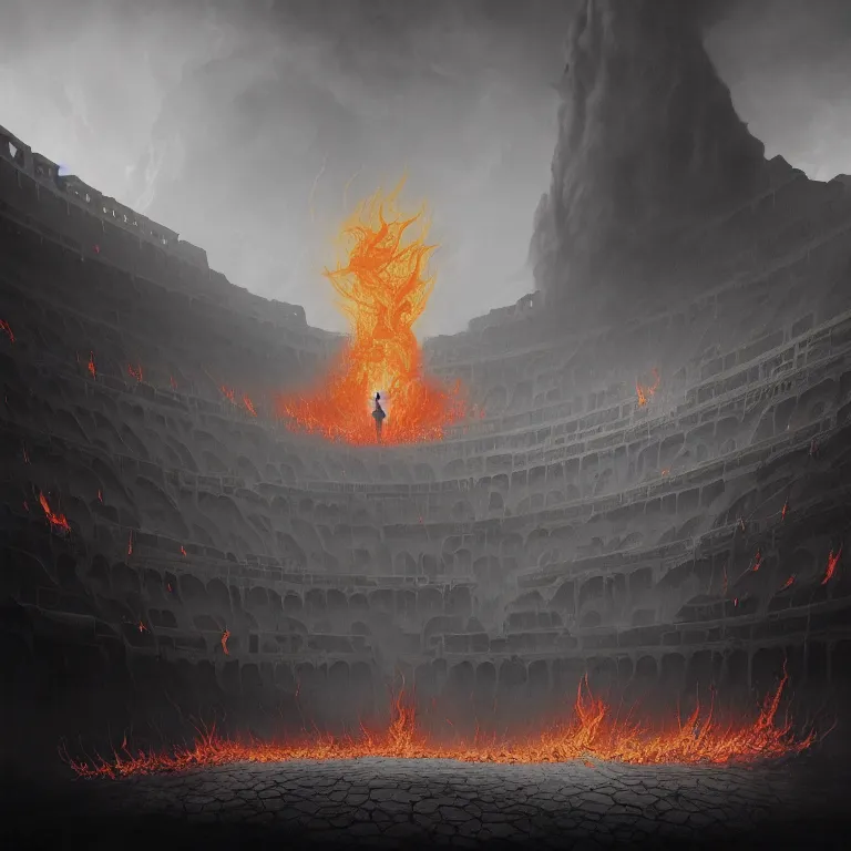 Prompt: one lone singular swirling otherworldly demonic figure shrouded in flames emerges from extensive barren grey charcoal volcanic, flames, matte painting by peter mohrbacher and filip hodas, background colosseum!, godrays, high contrast, highly detailed