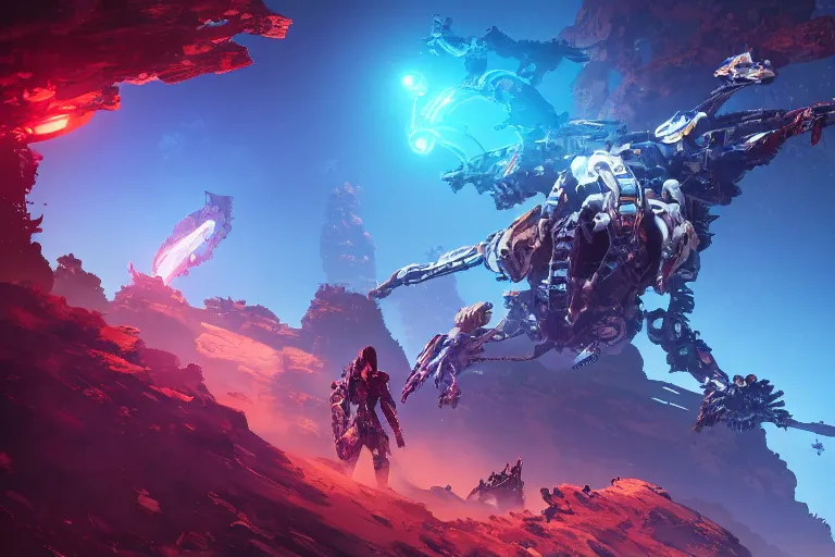 Image similar to strider machine mecanical creature robot of horizon forbidden west horizon zero dawn bioluminiscence global illumination ray tracing hdr fanart arstation by ian pesty and alena aenami artworks in 4 k