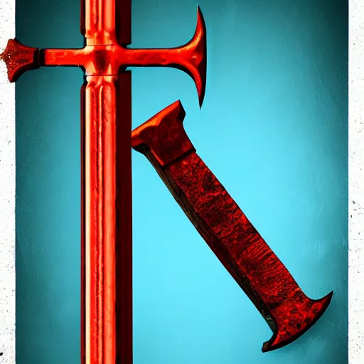 Image similar to game - icon of crossed medieval sword and axe, on a red prism, powerful fantasy epic legends, game icon stylized, digital illustration radiating, a glowing aura, global illumination, ray tracing, 8 k high definition, intricate details, octane render, unreal engine, trending on arstation